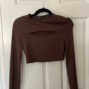 Shein: brown long sleeve crop top with cutout. Size medium